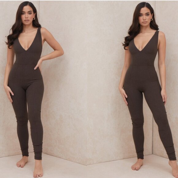 House of CB 'Rissa' Brown V-Neck Skinny Leg Slim Jumpsuit NWOT - Picture 4 of 9